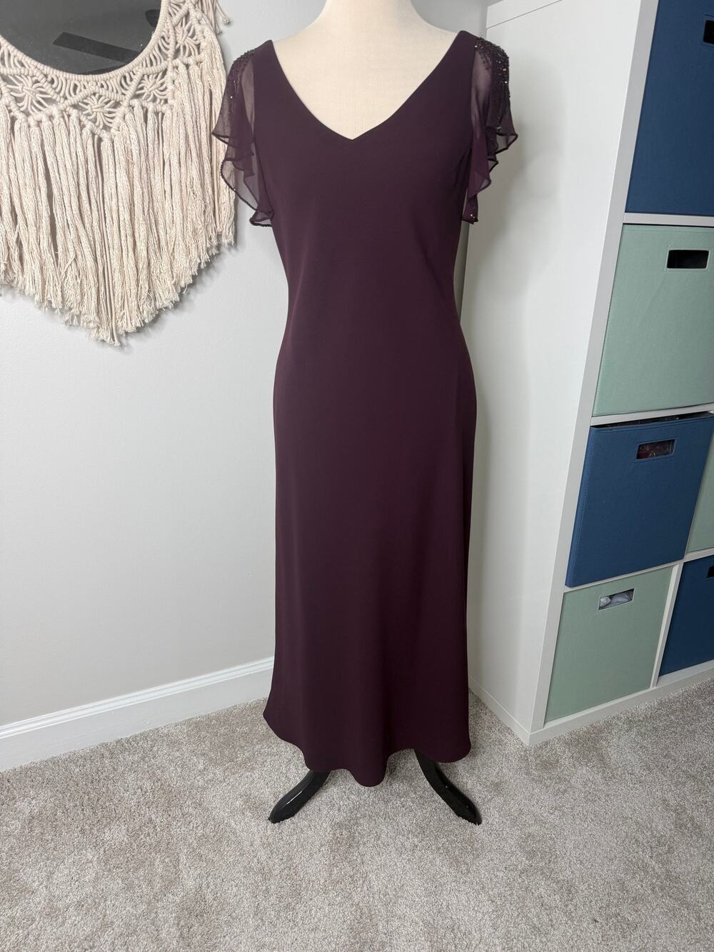 Jones New York Plum Midi Dress with Sheer Flutter Sleeves